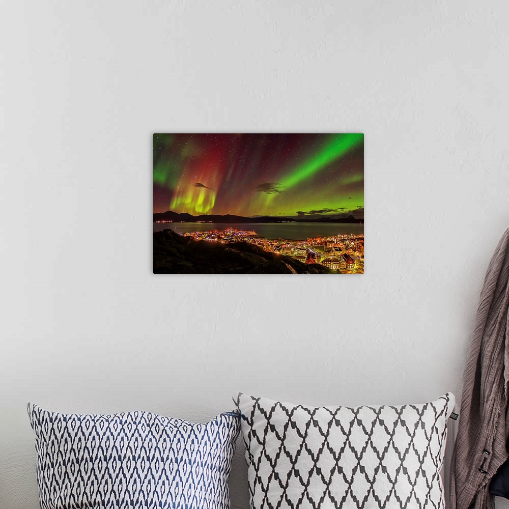 A bohemian room featuring Colorful northern lights over the village of Lodingen in Nordland, Norway.