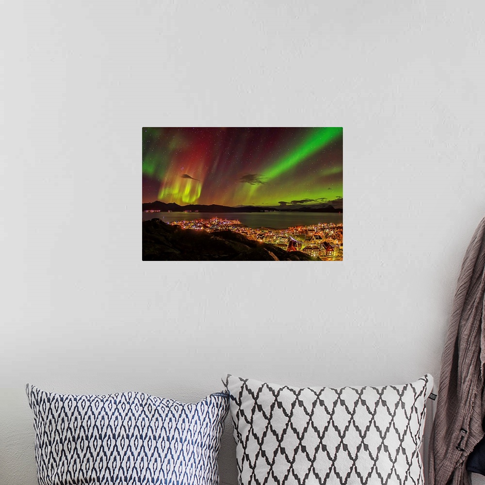 A bohemian room featuring Colorful northern lights over the village of Lodingen in Nordland, Norway.