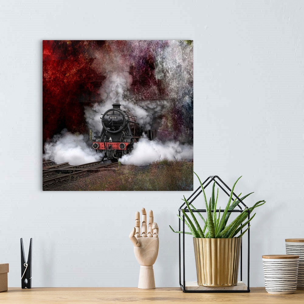 A bohemian room featuring A steam locomotive barreling down rails with steam pouring out of the stack.