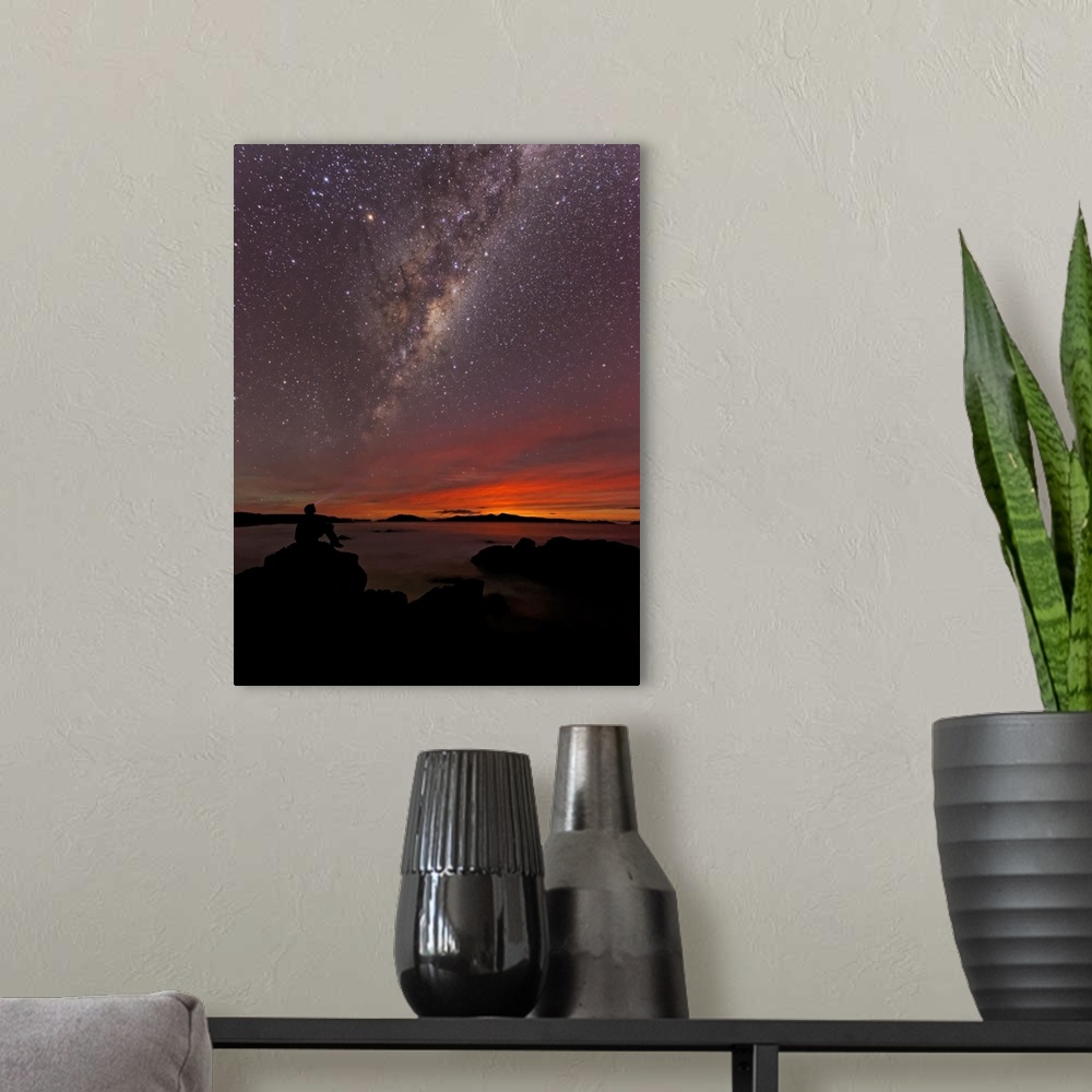 A modern room featuring The Milky Way Galaxy shining in the night sky over Hobart, Tasmania, Australia.