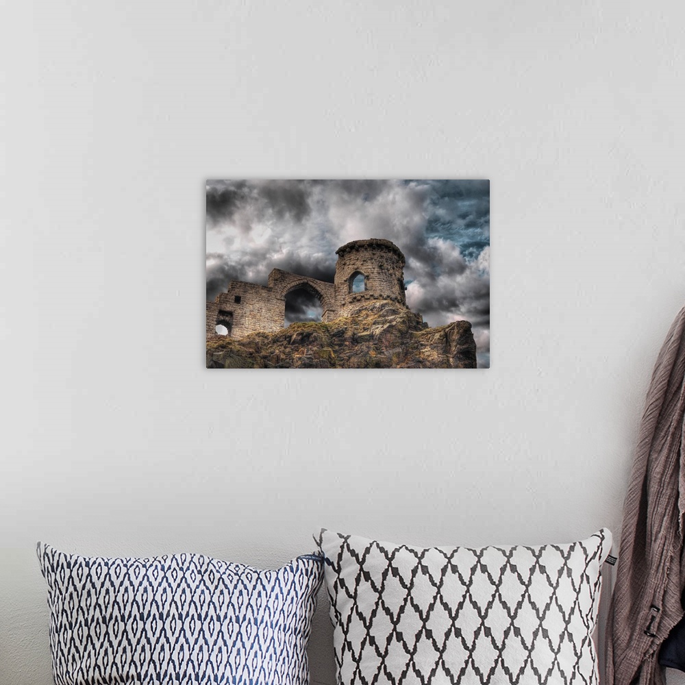A bohemian room featuring Cloudy skies over Mow Cop Castle in Stoke on Trent, United Kingdom.