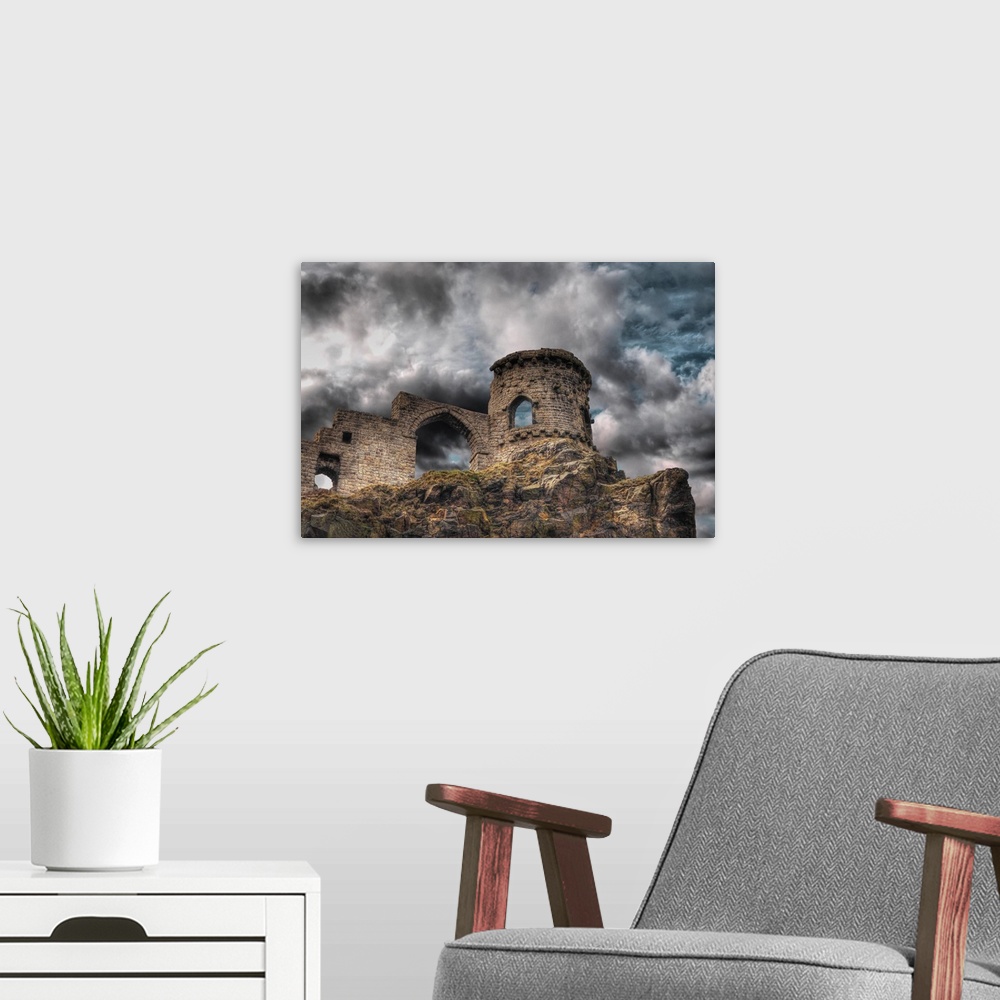 A modern room featuring Cloudy skies over Mow Cop Castle in Stoke on Trent, United Kingdom.