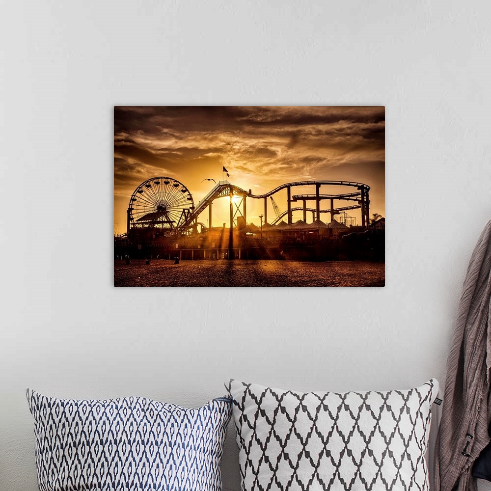 A bohemian room featuring Silhouettes of the amusement park rides in Malibu, California.