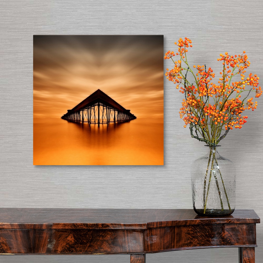 A traditional room featuring Symmetrical image of Queen's Pier in the ocean at sunset, Isla of Man.