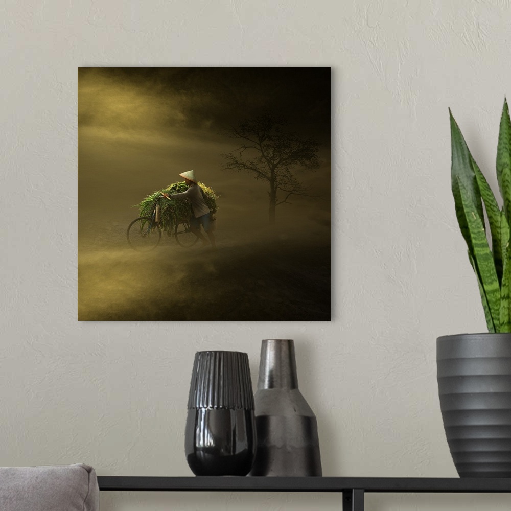 A modern room featuring A farmer pushes their bicycle through a heavily fogged landscape.