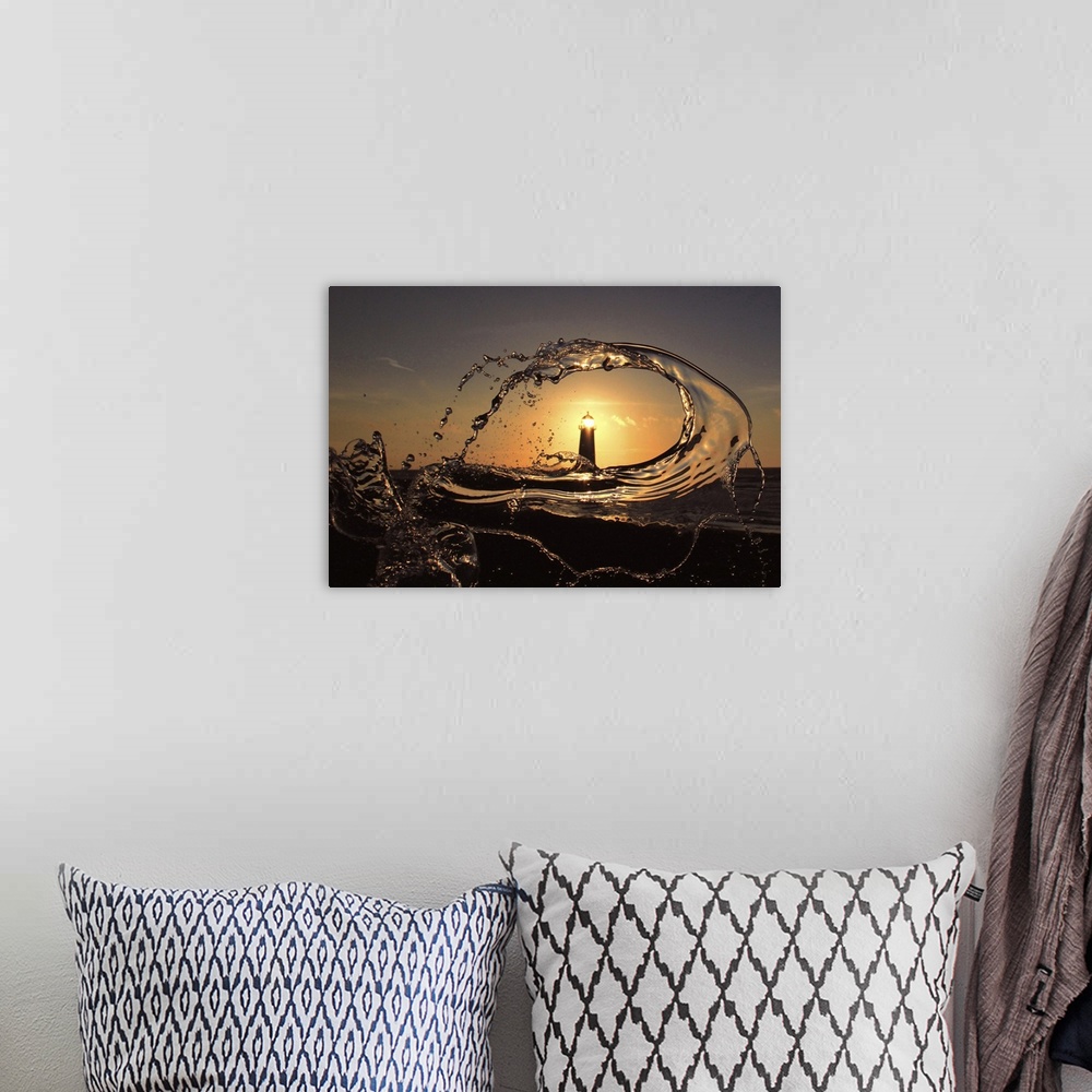 A bohemian room featuring A splash of water frames Point of Ayr Lighthouse at sunset, Talacre, Wales.
