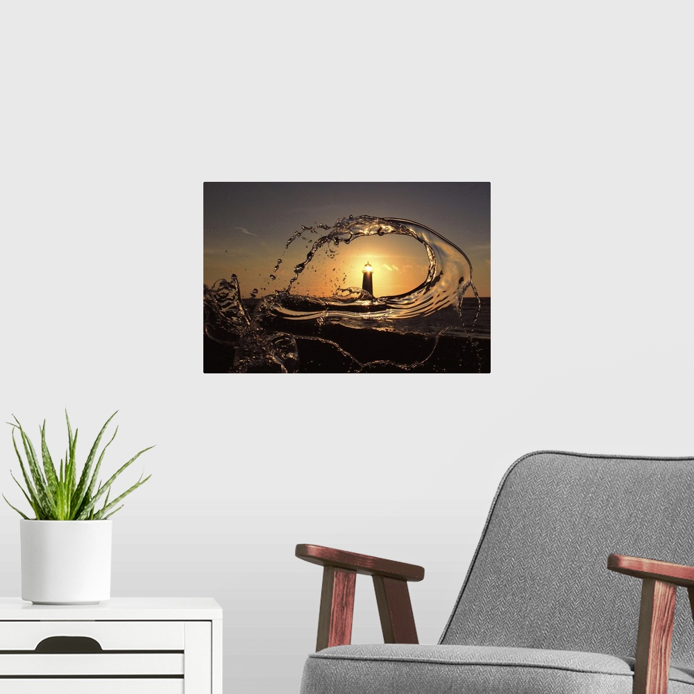 A modern room featuring A splash of water frames Point of Ayr Lighthouse at sunset, Talacre, Wales.