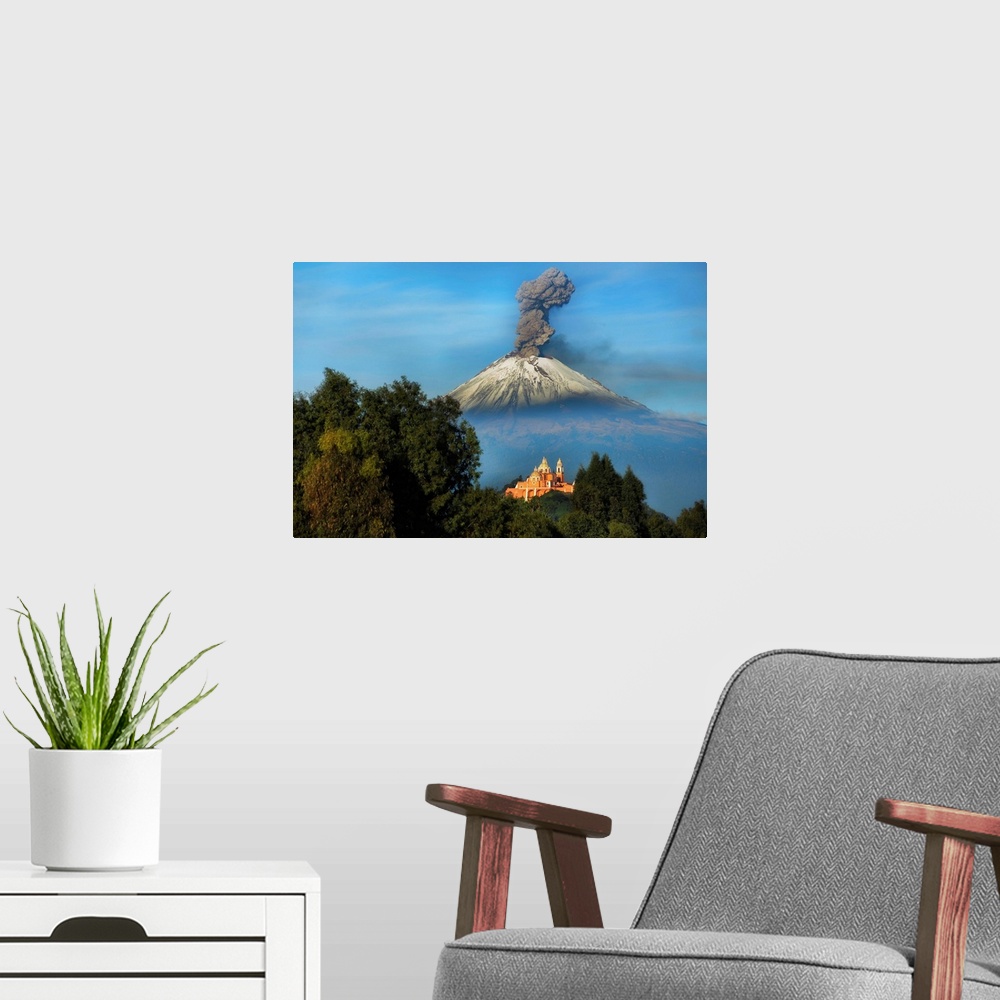 A modern room featuring Church at Cholula Puebla, mexico, and Popocatepetl in the background.