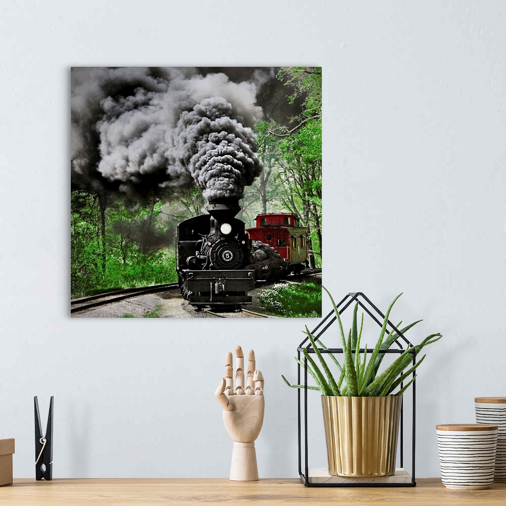 A bohemian room featuring A photograph of a steam locomotive barreling down railroad tracks in a forest with massive clouds...