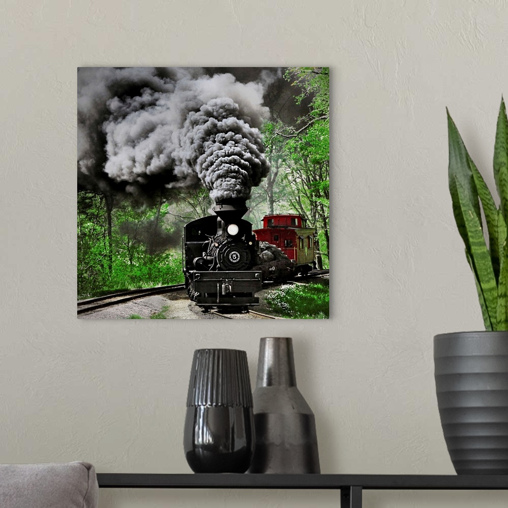 A modern room featuring A photograph of a steam locomotive barreling down railroad tracks in a forest with massive clouds...