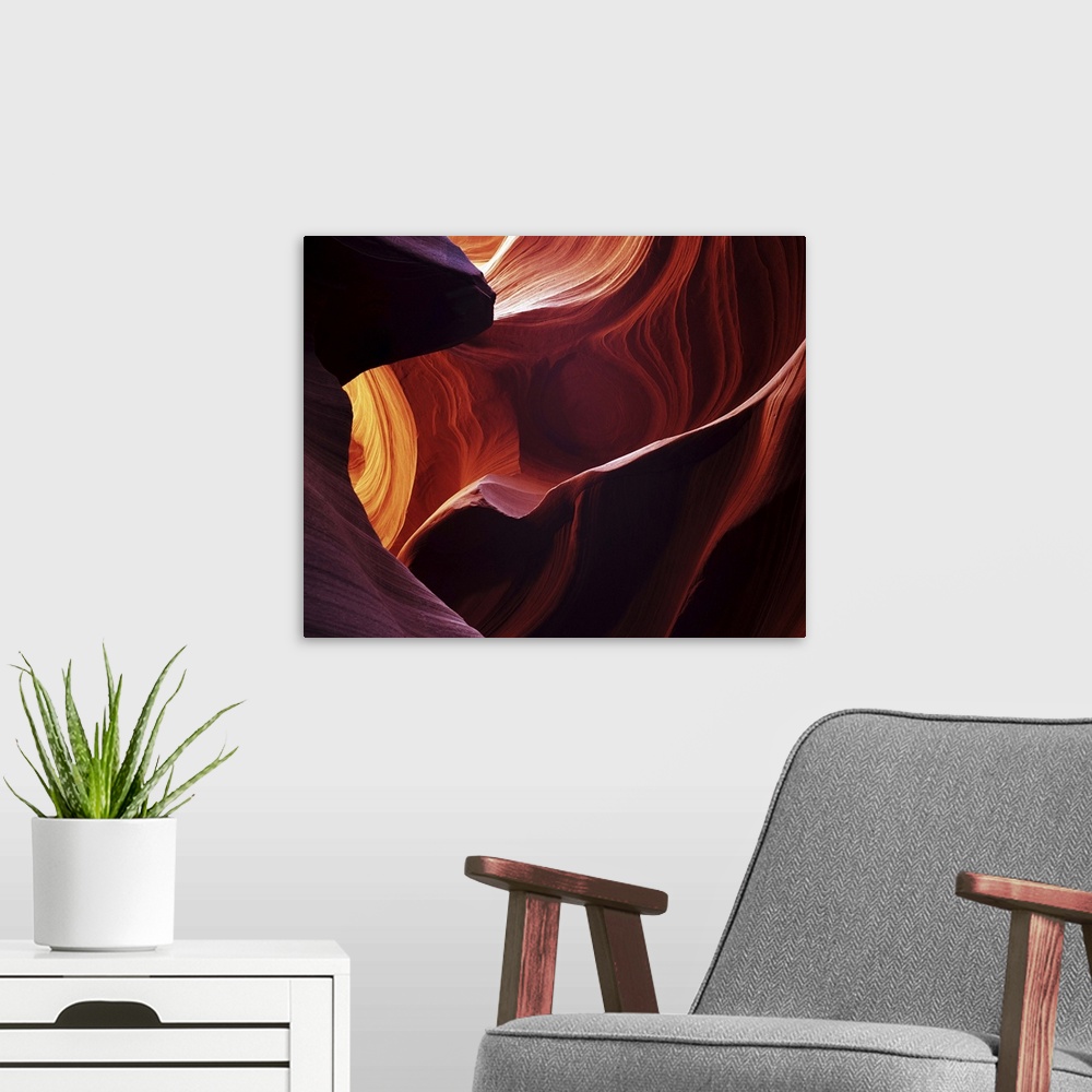 A modern room featuring Fine art photograph of a close-up of Antelope Canyon's rock formations.