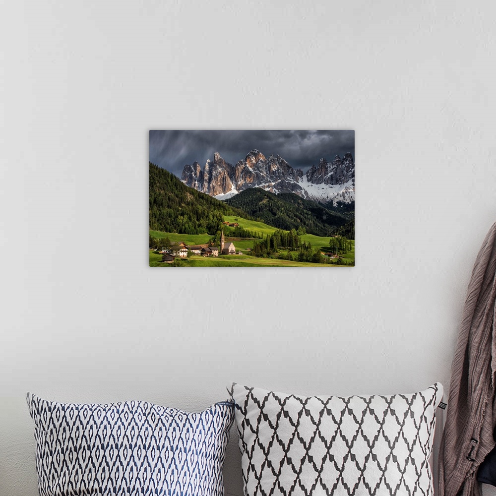 A bohemian room featuring The Alpine village of Santa Maddalena, in the Val di Funes. The background mountains are the Odle...