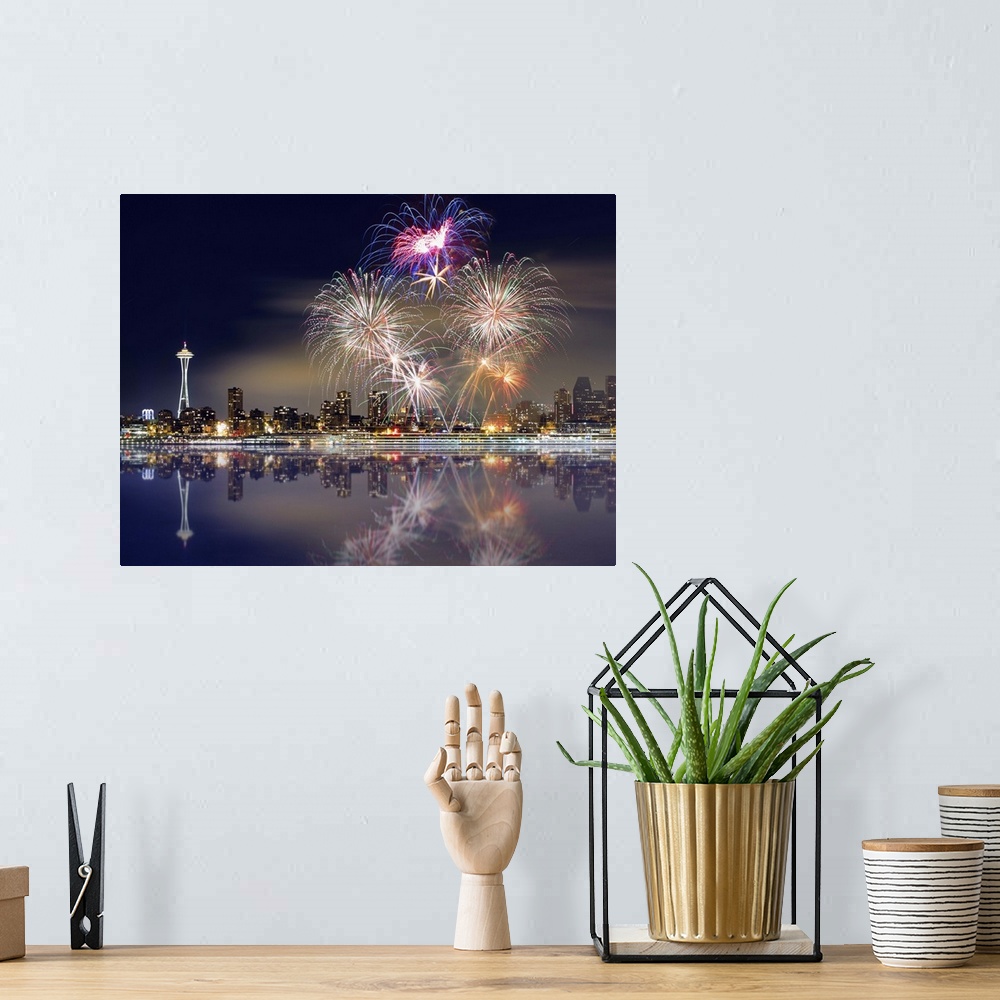A bohemian room featuring Fireworks and Seattle skyline with reflections.