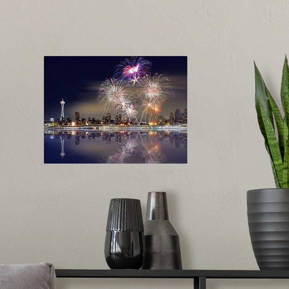 A modern room featuring Fireworks and Seattle skyline with reflections.