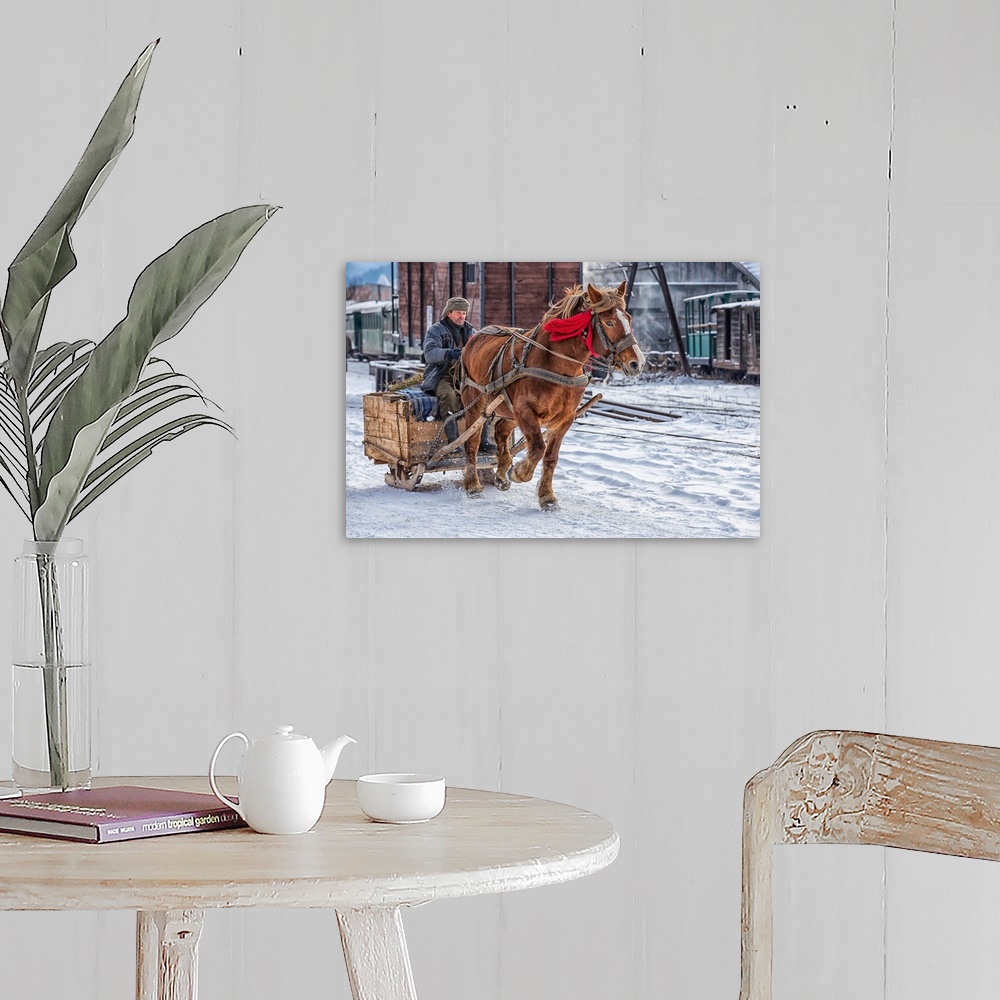A farmhouse room featuring Person riding in a small horse-drawn sled in a snowy road.