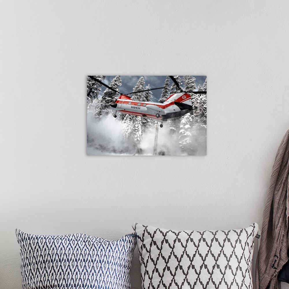 A bohemian room featuring A helicopter lifts up off the ground, sending snow flying away.