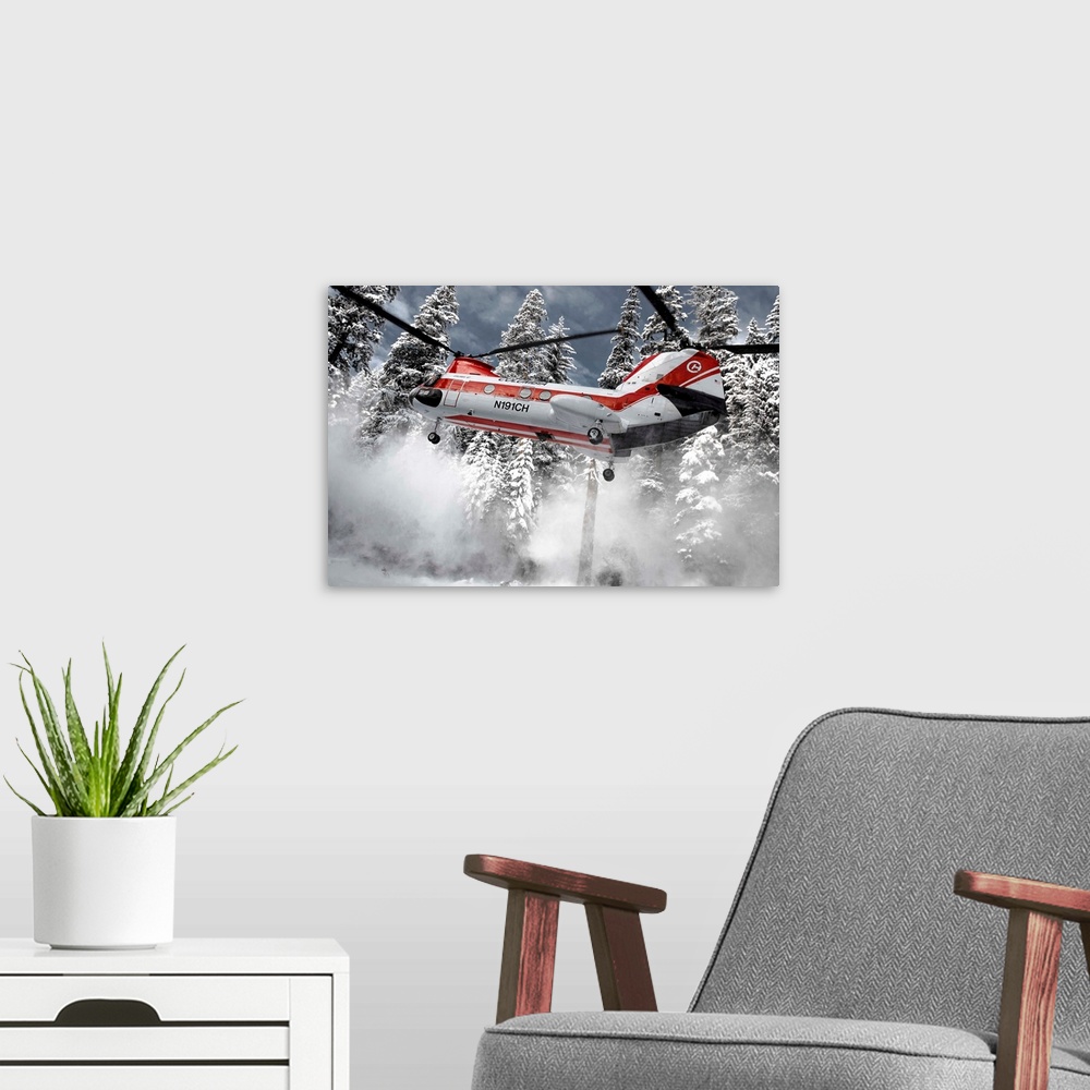 A modern room featuring A helicopter lifts up off the ground, sending snow flying away.