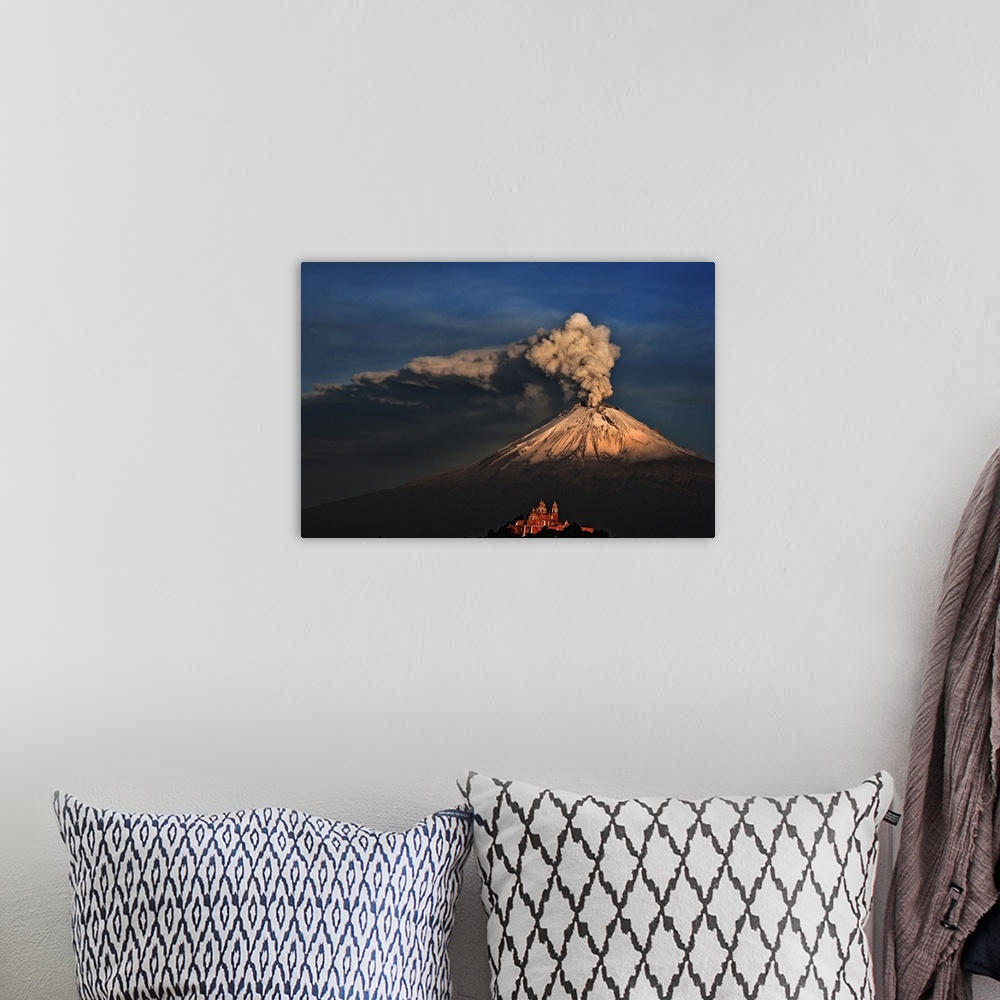 A bohemian room featuring Popocatepetl, smoking volcano in Mexico.