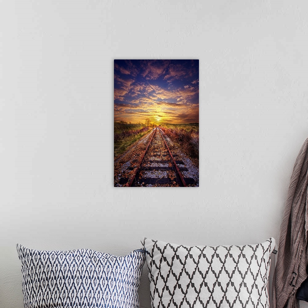 A bohemian room featuring Railroad tracks leading to the horizon at sunset, Wisconsin.