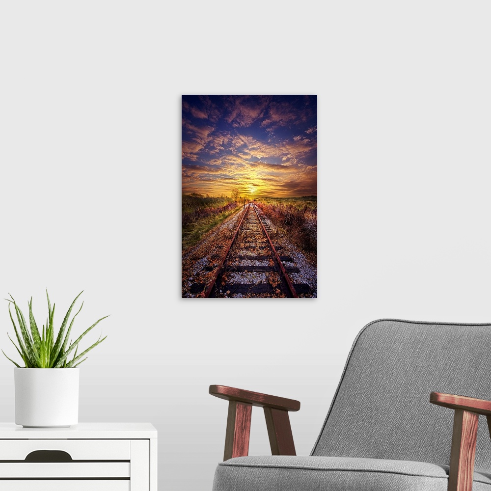 A modern room featuring Railroad tracks leading to the horizon at sunset, Wisconsin.