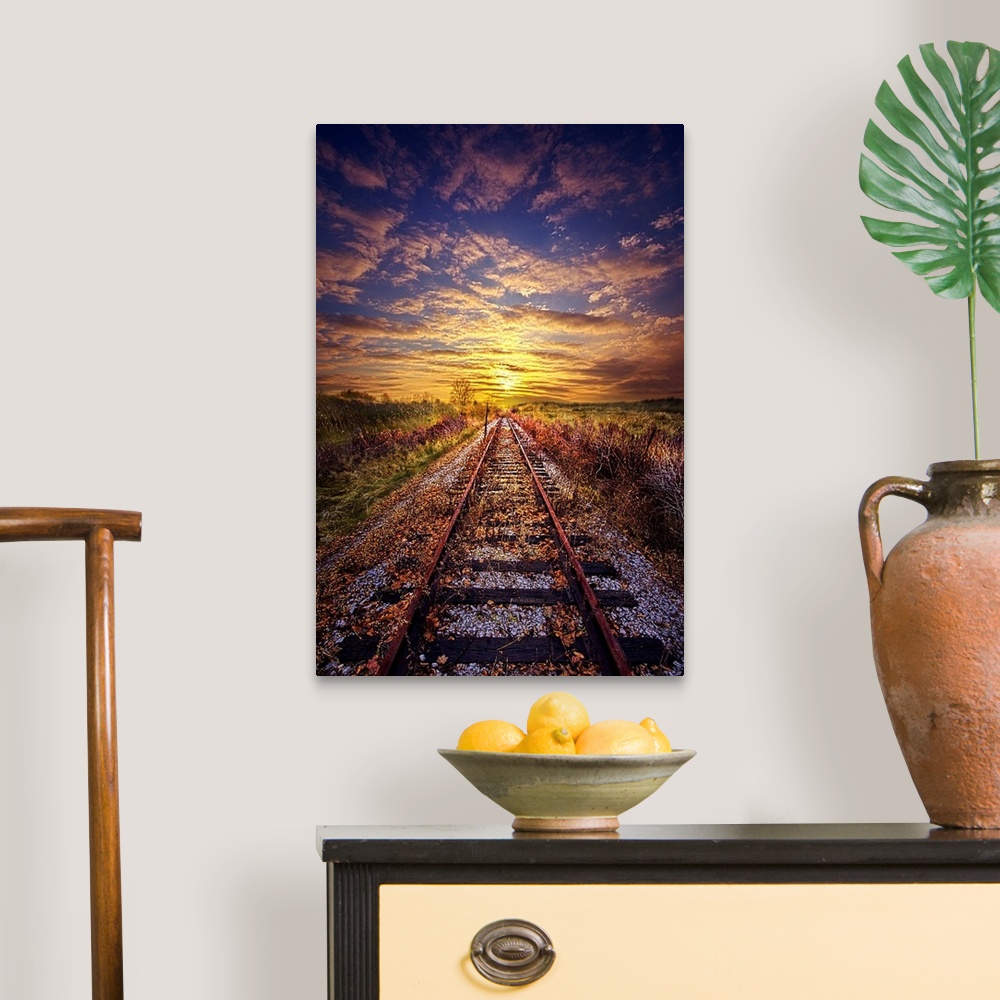 A traditional room featuring Railroad tracks leading to the horizon at sunset, Wisconsin.