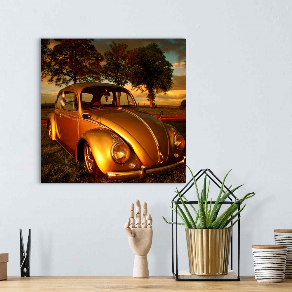 A bohemian room featuring An old Volkswagen Beetle glowing golden in the sunlight.