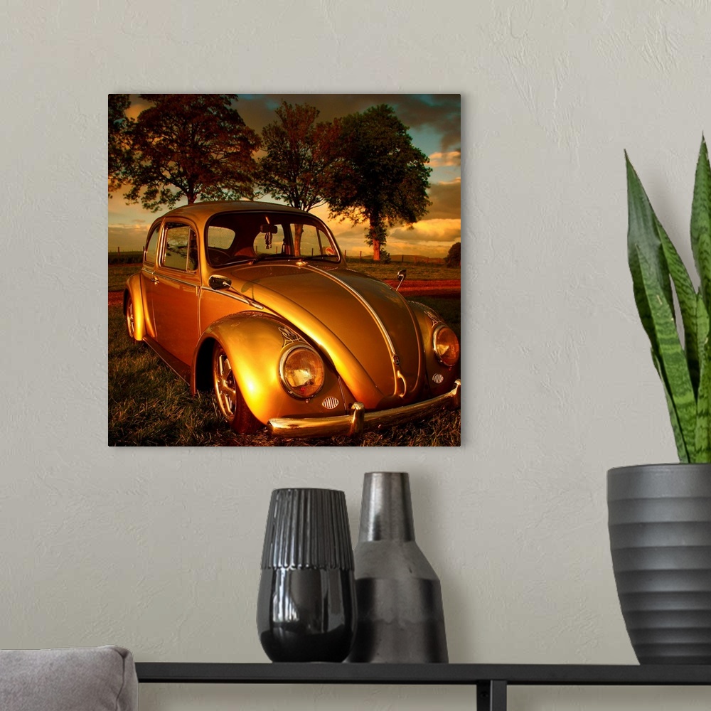 A modern room featuring An old Volkswagen Beetle glowing golden in the sunlight.