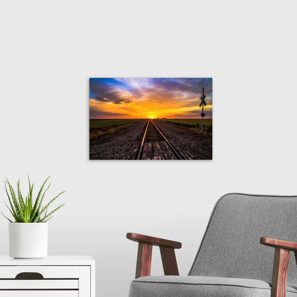 A modern room featuring Sunset on Tracks
