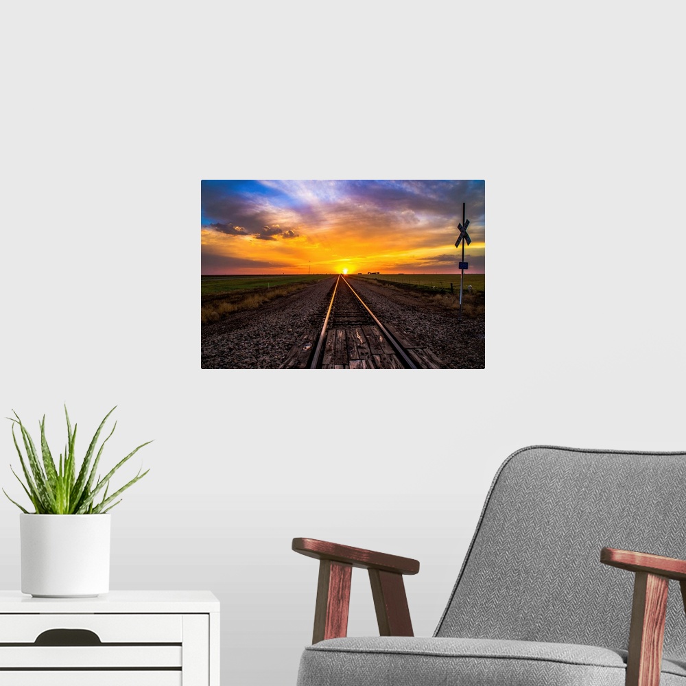 A modern room featuring Sunset on Tracks