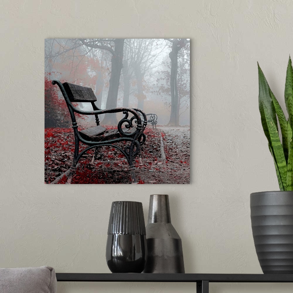 A modern room featuring A black metal bench in a foggy park, with red autumn leaves surrounding it.