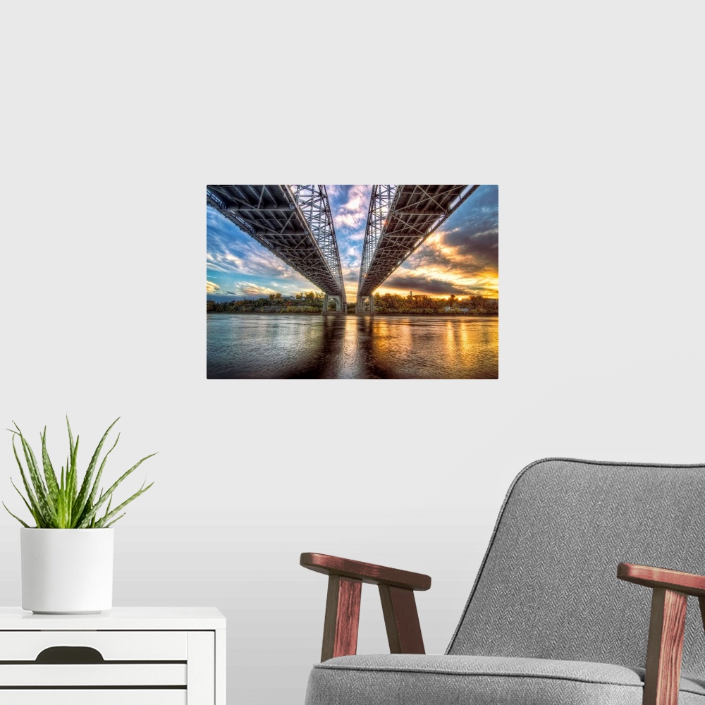 A modern room featuring Twin Bridges across the Missouri River in Jefferson City, Missouri.