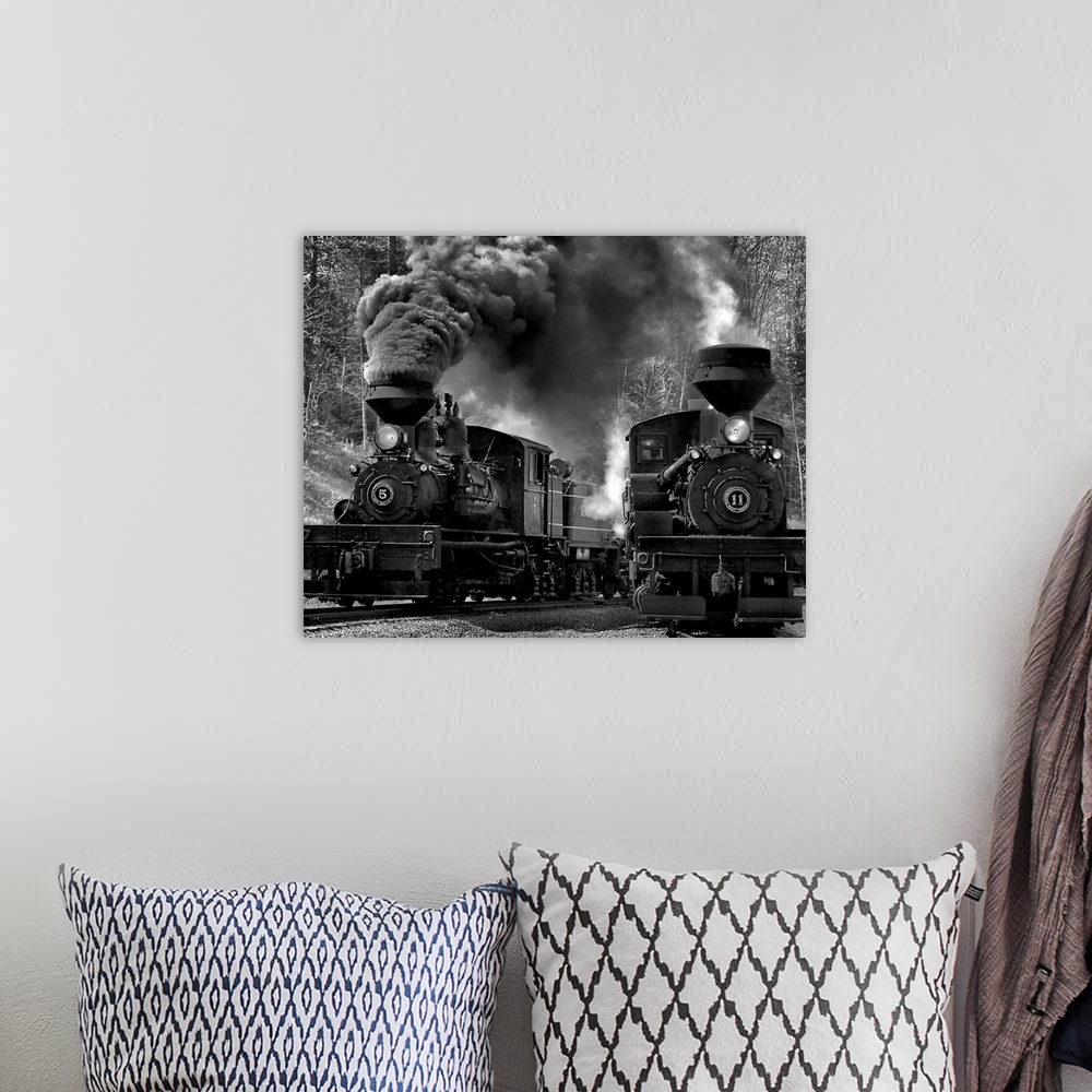 A bohemian room featuring Twin locomotives on the railroad tracks.
