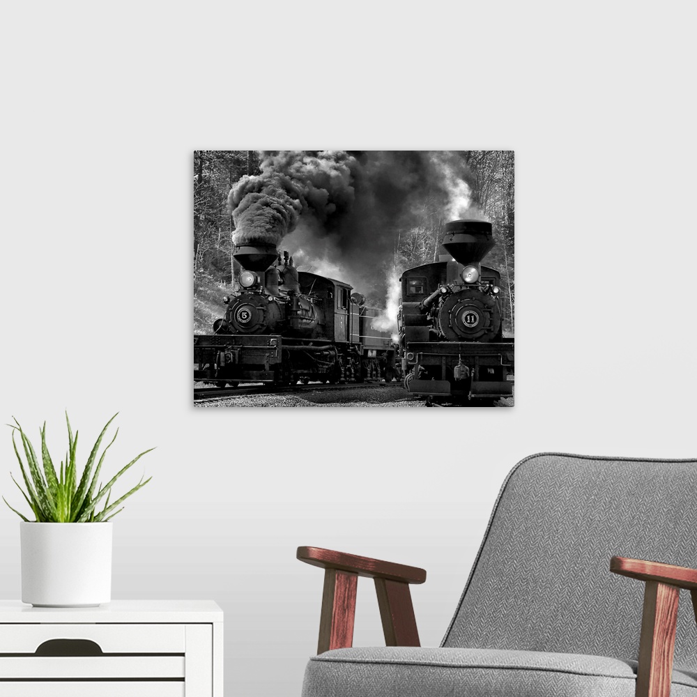 A modern room featuring Twin locomotives on the railroad tracks.