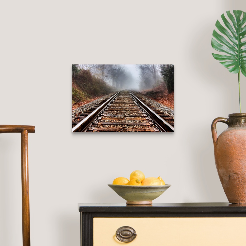 A traditional room featuring Railroad tracks leading into the fog in the morning.