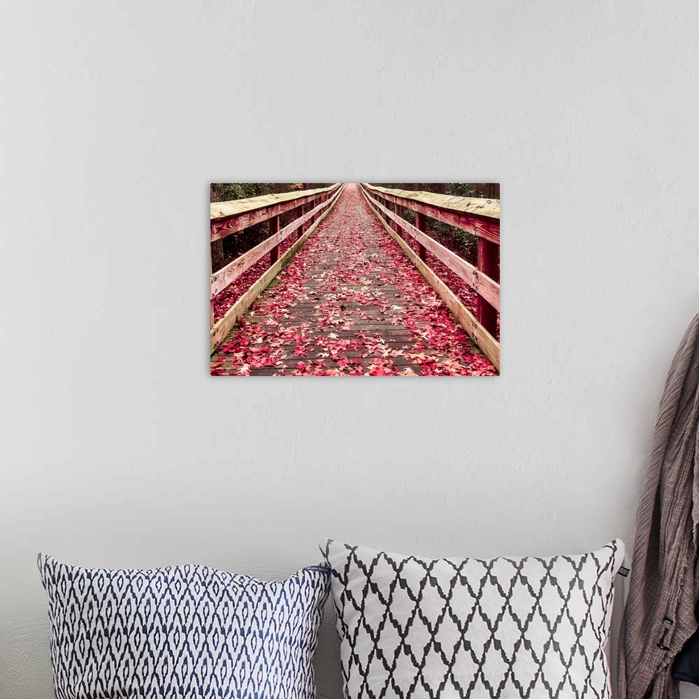 A bohemian room featuring A wooden walkway covered with red fallen leaves.
