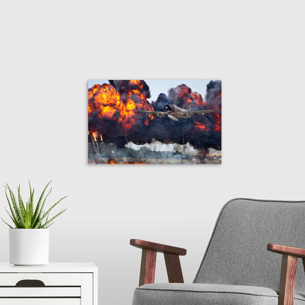 A modern room featuring A military plane flies away from large fiery smoke clouds created by explosions.