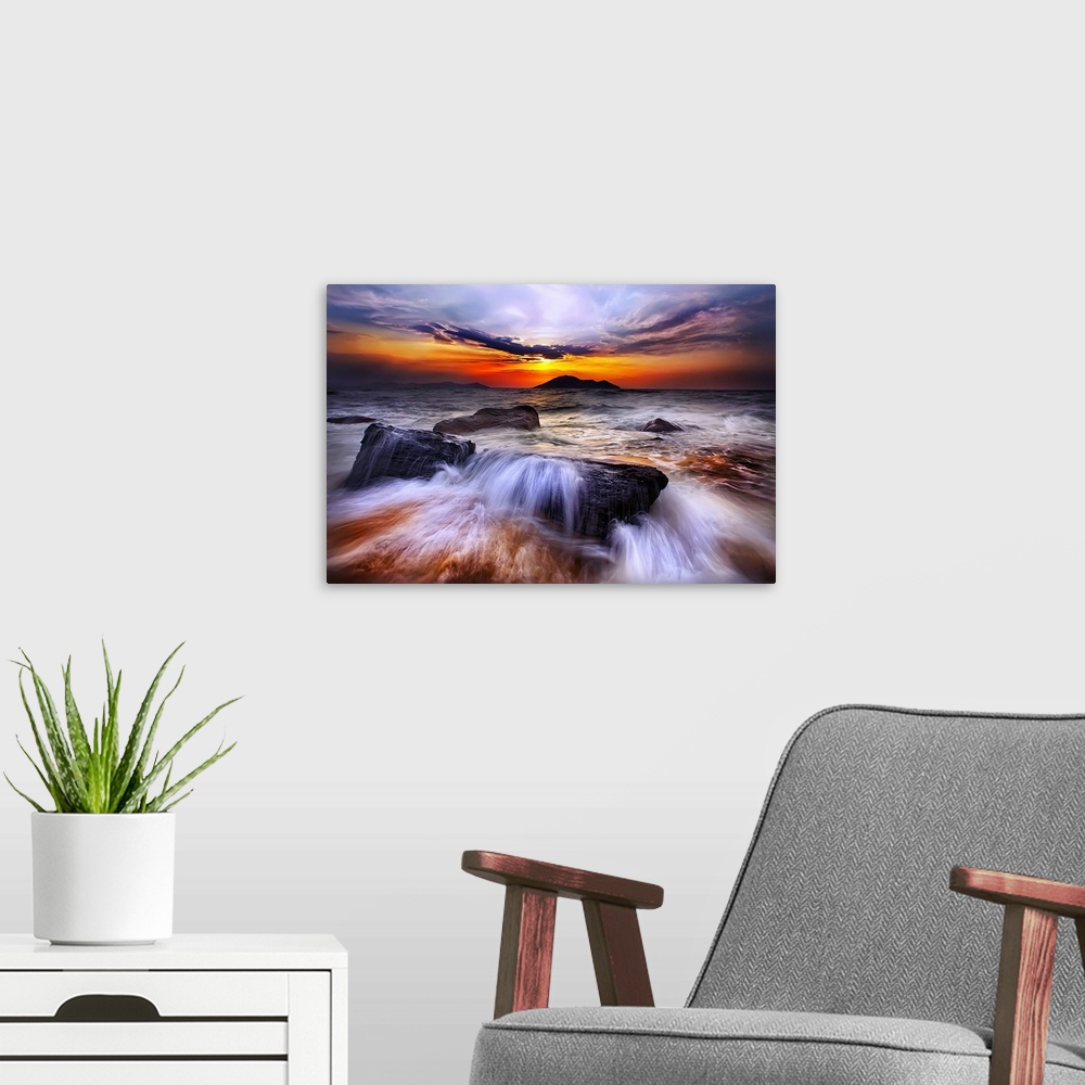 A modern room featuring Wave View at Sunset