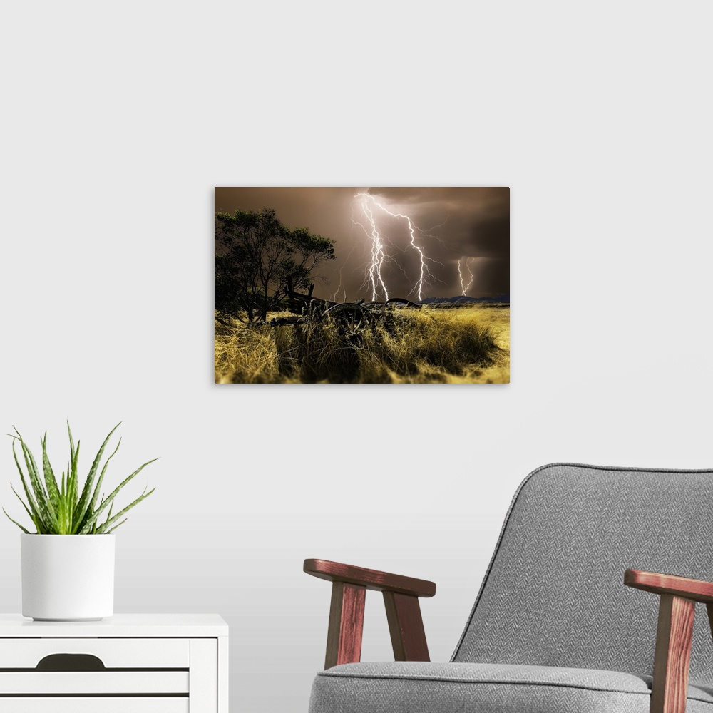 A modern room featuring Lightning strikes in the countryside, Western Australia