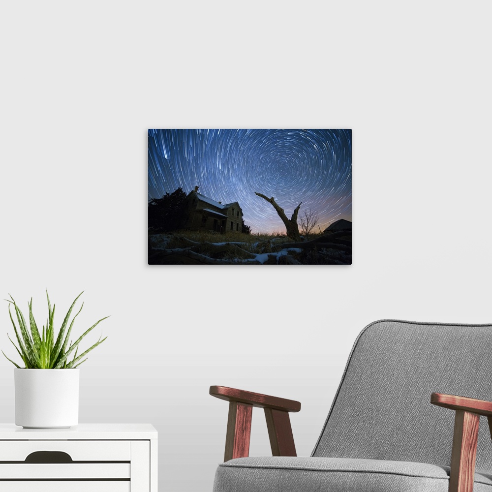 A modern room featuring Star trails in Nebraska, a combination of 209 separate images.