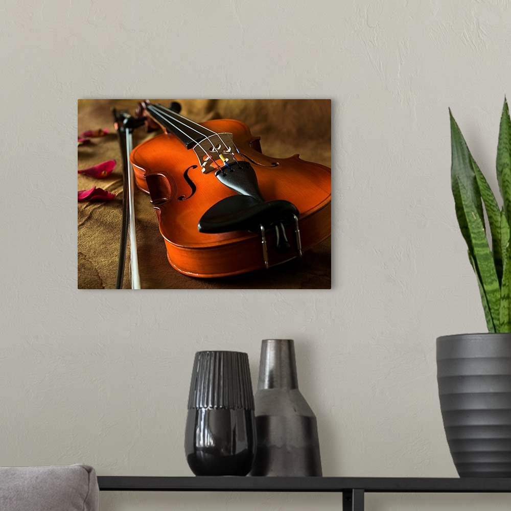 A modern room featuring A violin and a bow laying on a brown backdrop with rose petals.