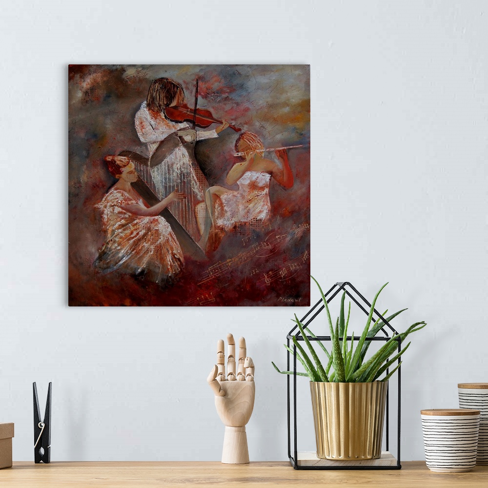 A bohemian room featuring A vertical painting of three musicians playing the harp, violin and flute.