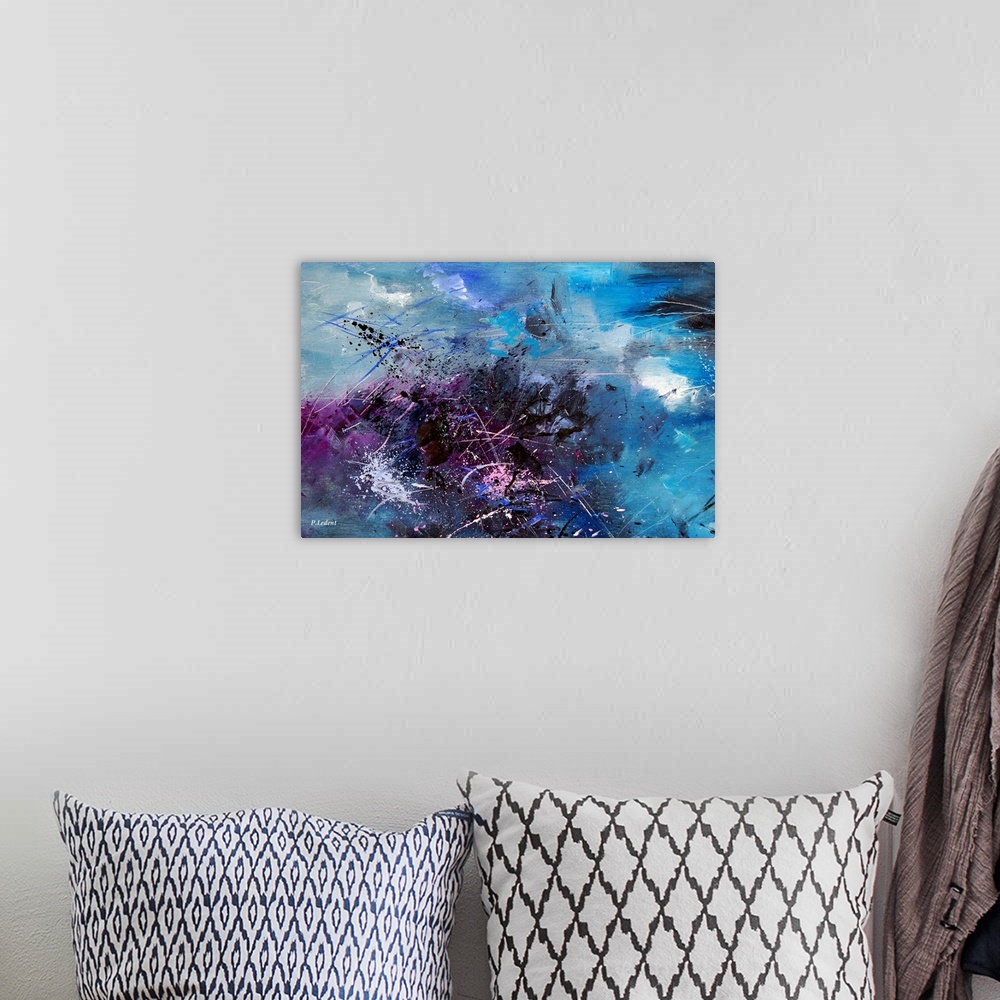 A bohemian room featuring Abstract painting in dark shades of black, blue, white and purple with splatters of paint overlap...