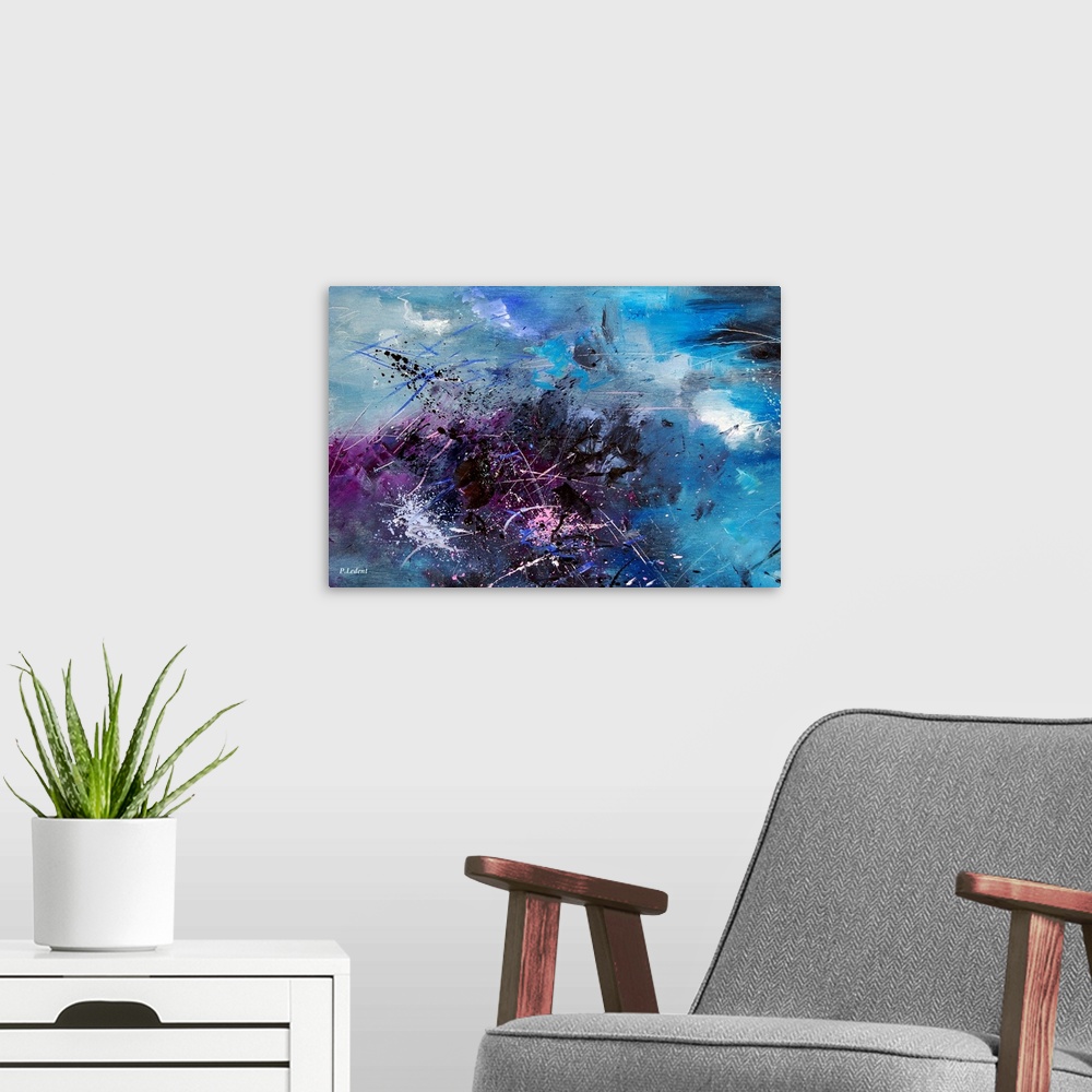 A modern room featuring Abstract painting in dark shades of black, blue, white and purple with splatters of paint overlap...