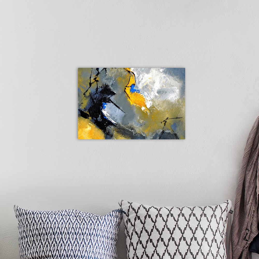 A bohemian room featuring Abstract painting in textured shades of black, blue, white, gray and yellow with splatters of pai...