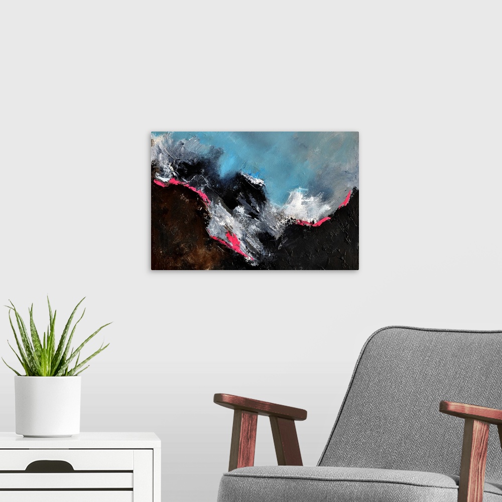A modern room featuring Abstract painting in texured shades of black, blue, pink and white with splatters of paint overla...