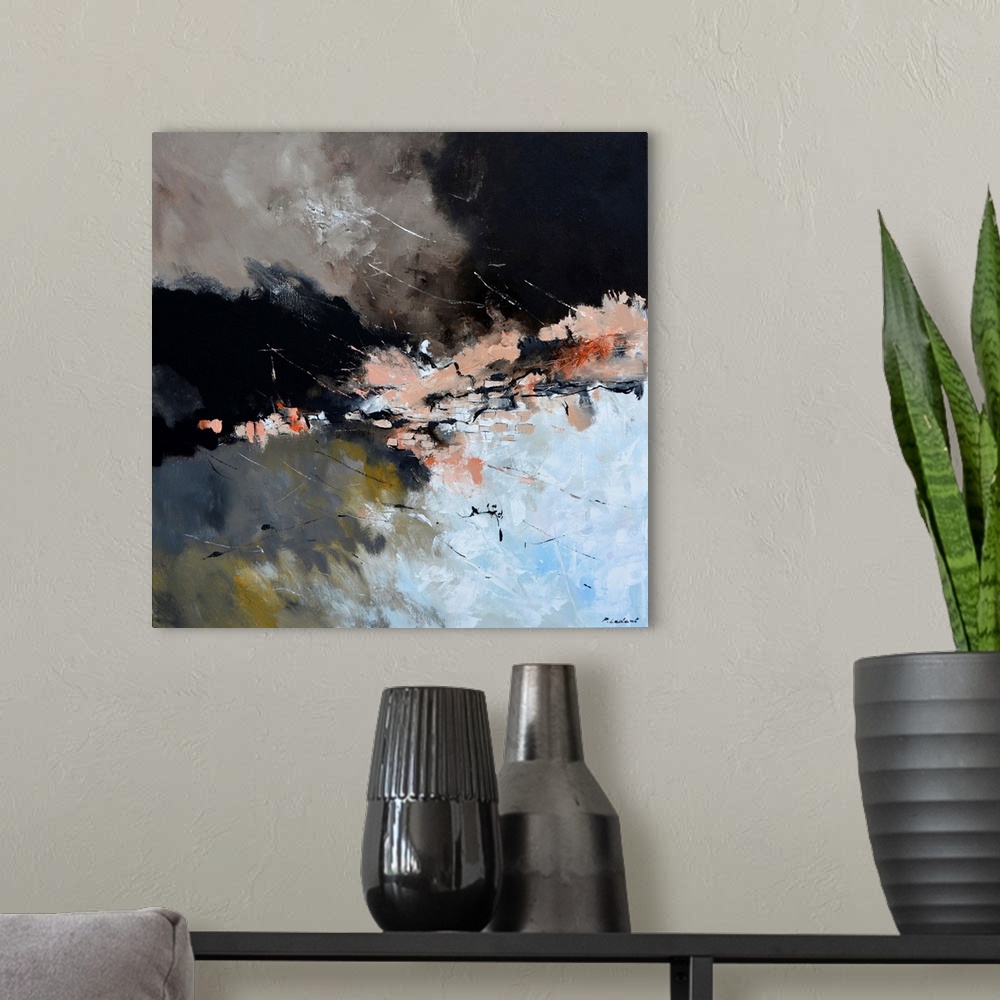 A modern room featuring Contemporary abstract painting in black, brown, and powder blue.