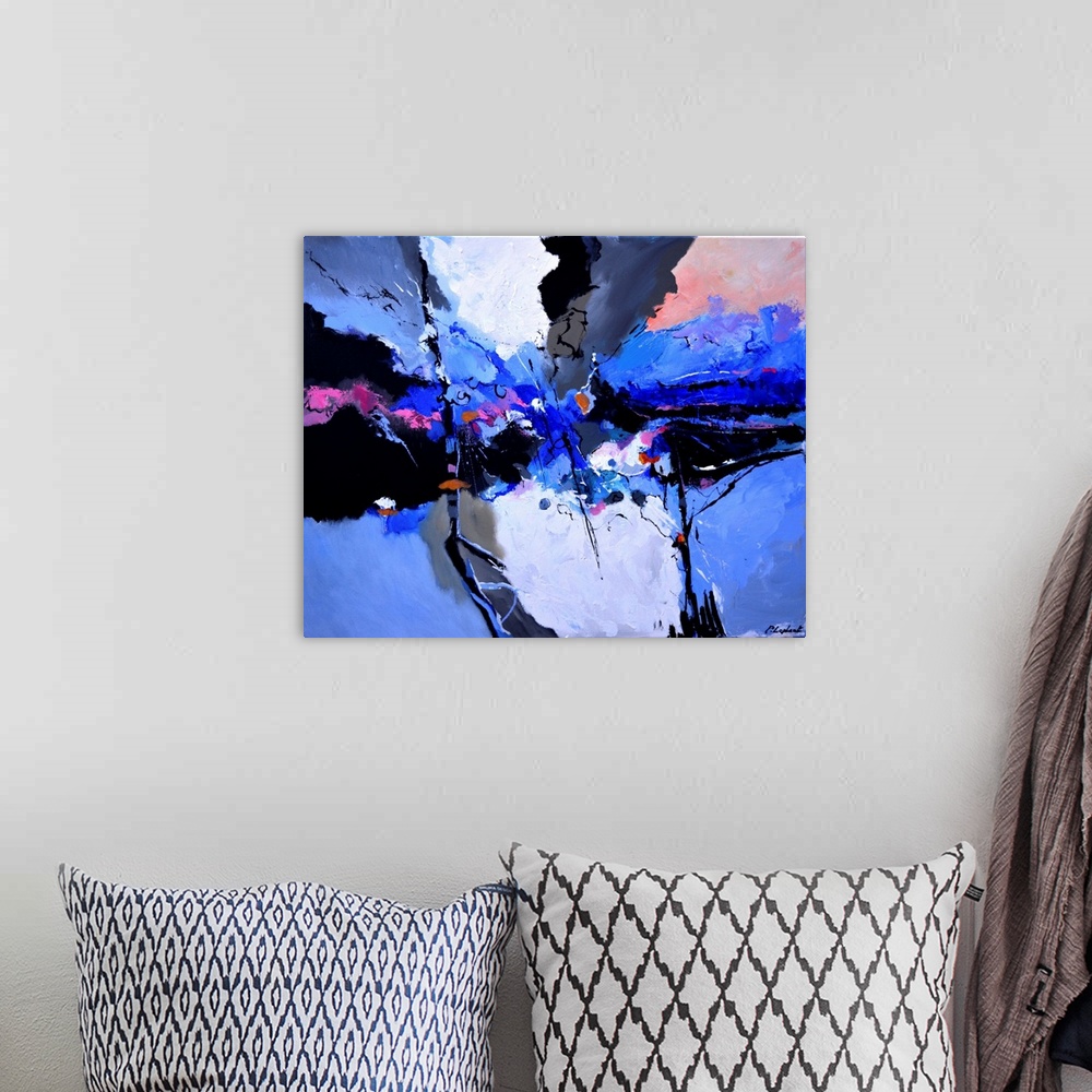 A bohemian room featuring Contemporary abstract painting in bright blue, gray, and pink.