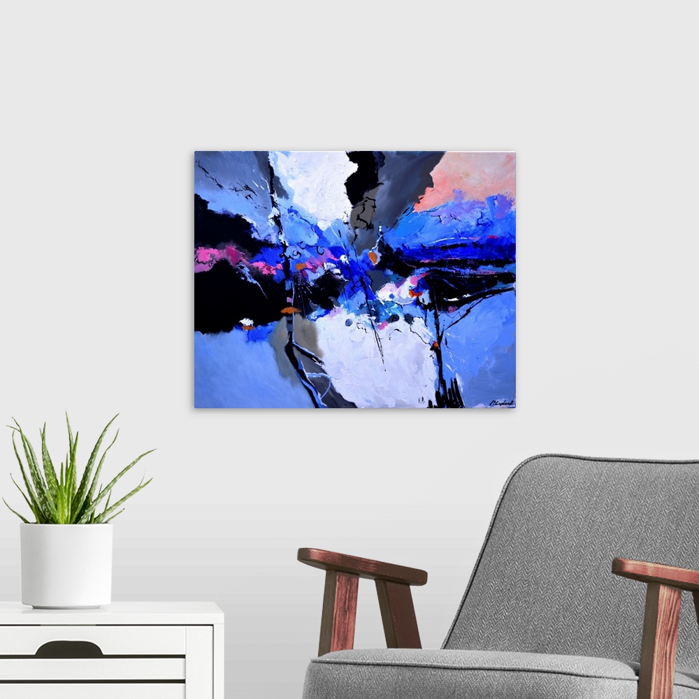 A modern room featuring Contemporary abstract painting in bright blue, gray, and pink.
