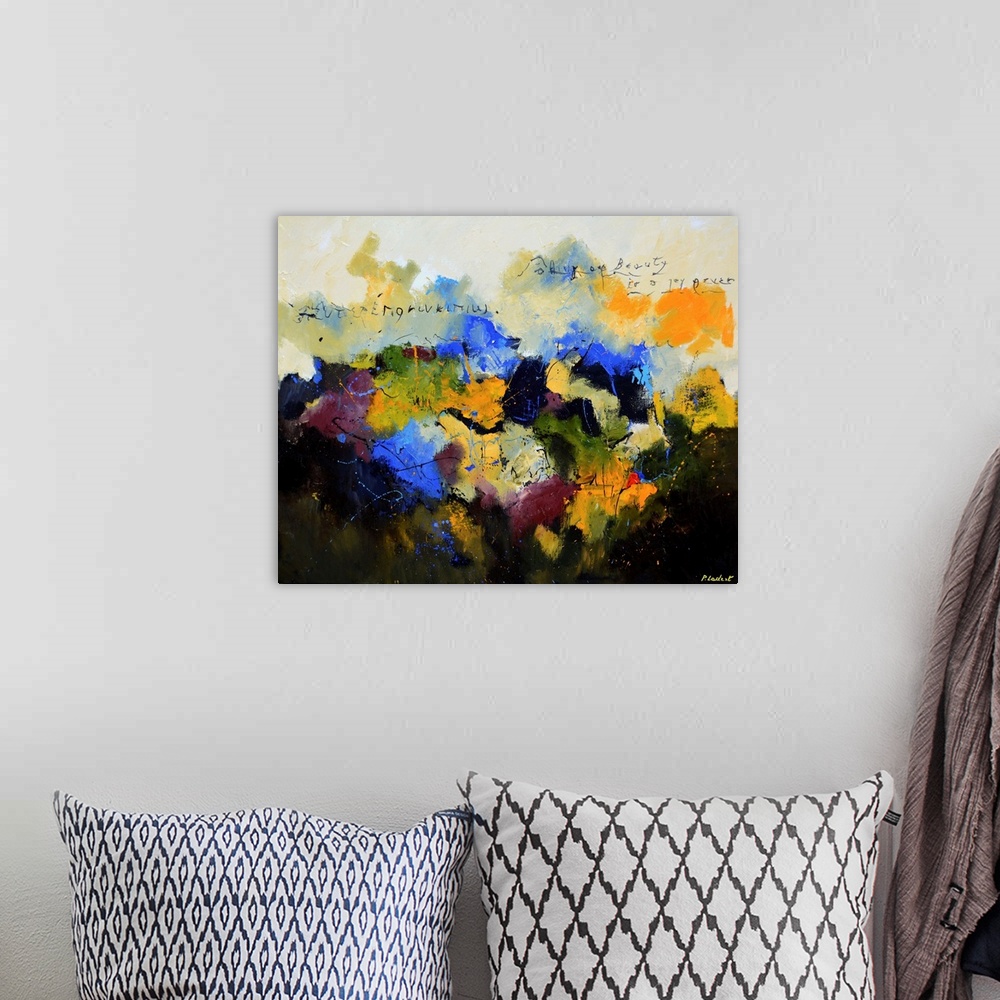 A bohemian room featuring Contemporary abstract painting in a variety of bright and dark hues.