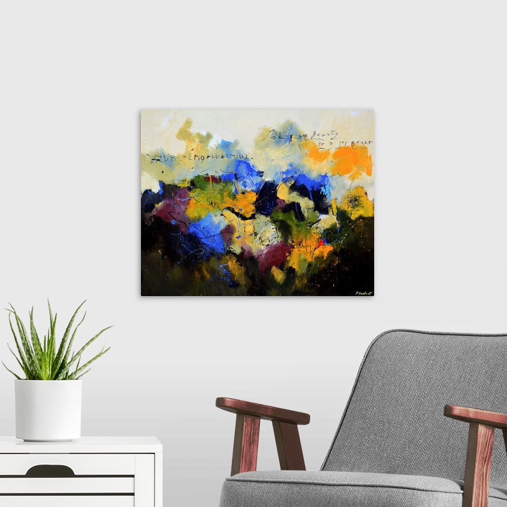 A modern room featuring Contemporary abstract painting in a variety of bright and dark hues.